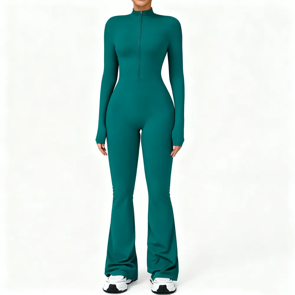 Women's Long Sleeve Flared Sports Jumpsuit - Zipper Jumpsuit