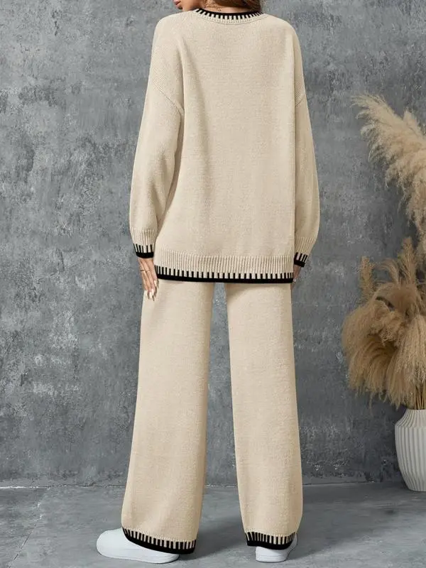 Women's Round Neck Colorblock Sweater Top and Long Sweatpants Set