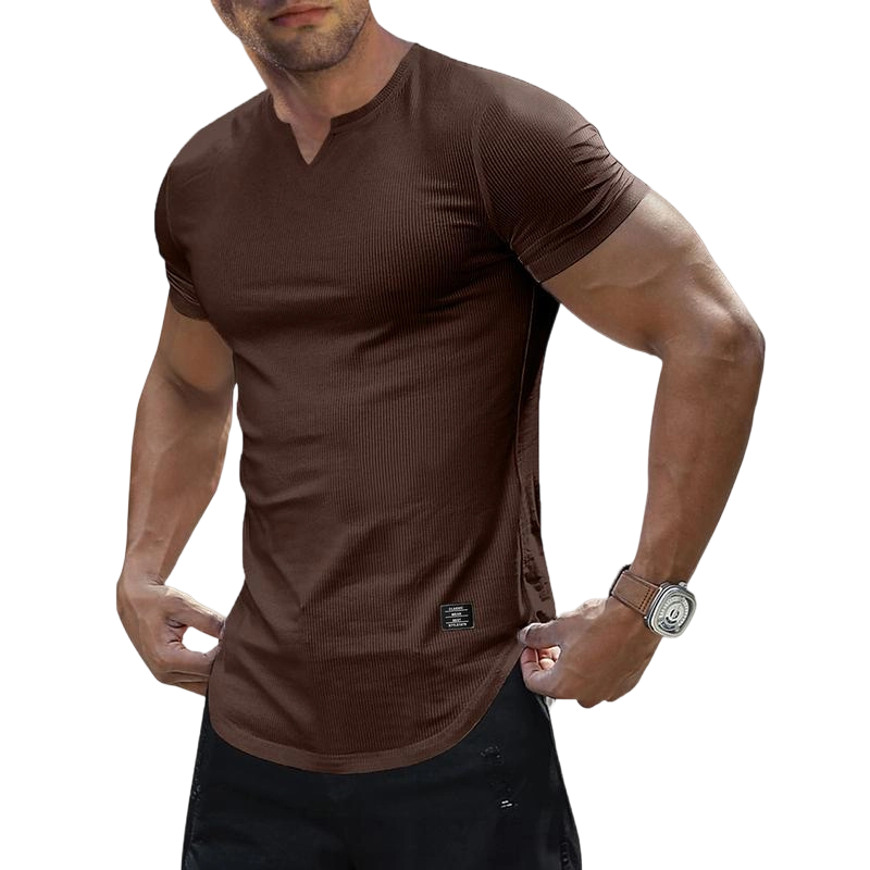 Men's Plain Muscle Slim Fitted T Shirt Polyester V-Neck Longline Shirt