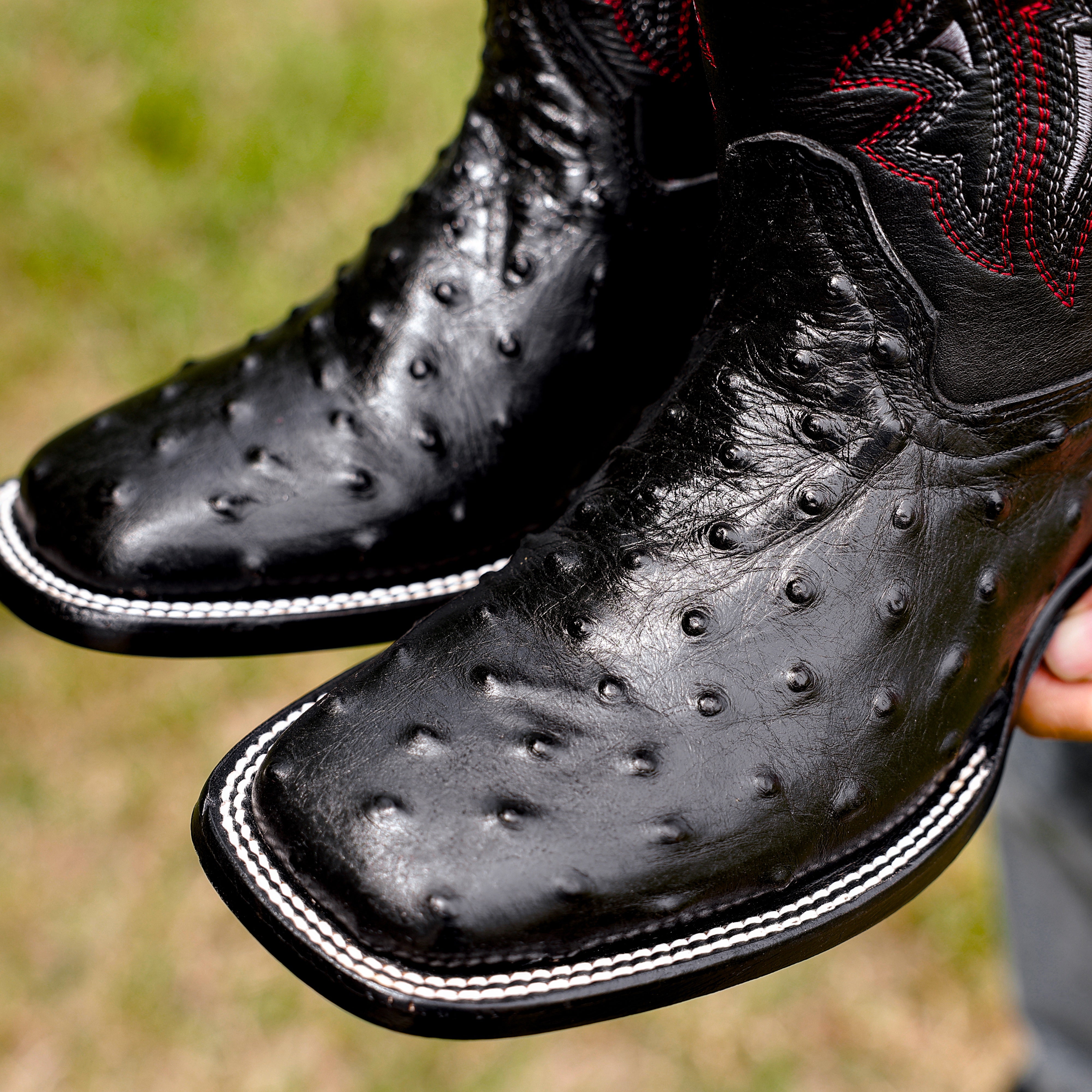 Black Ostrich Leather Boots - Square Toe