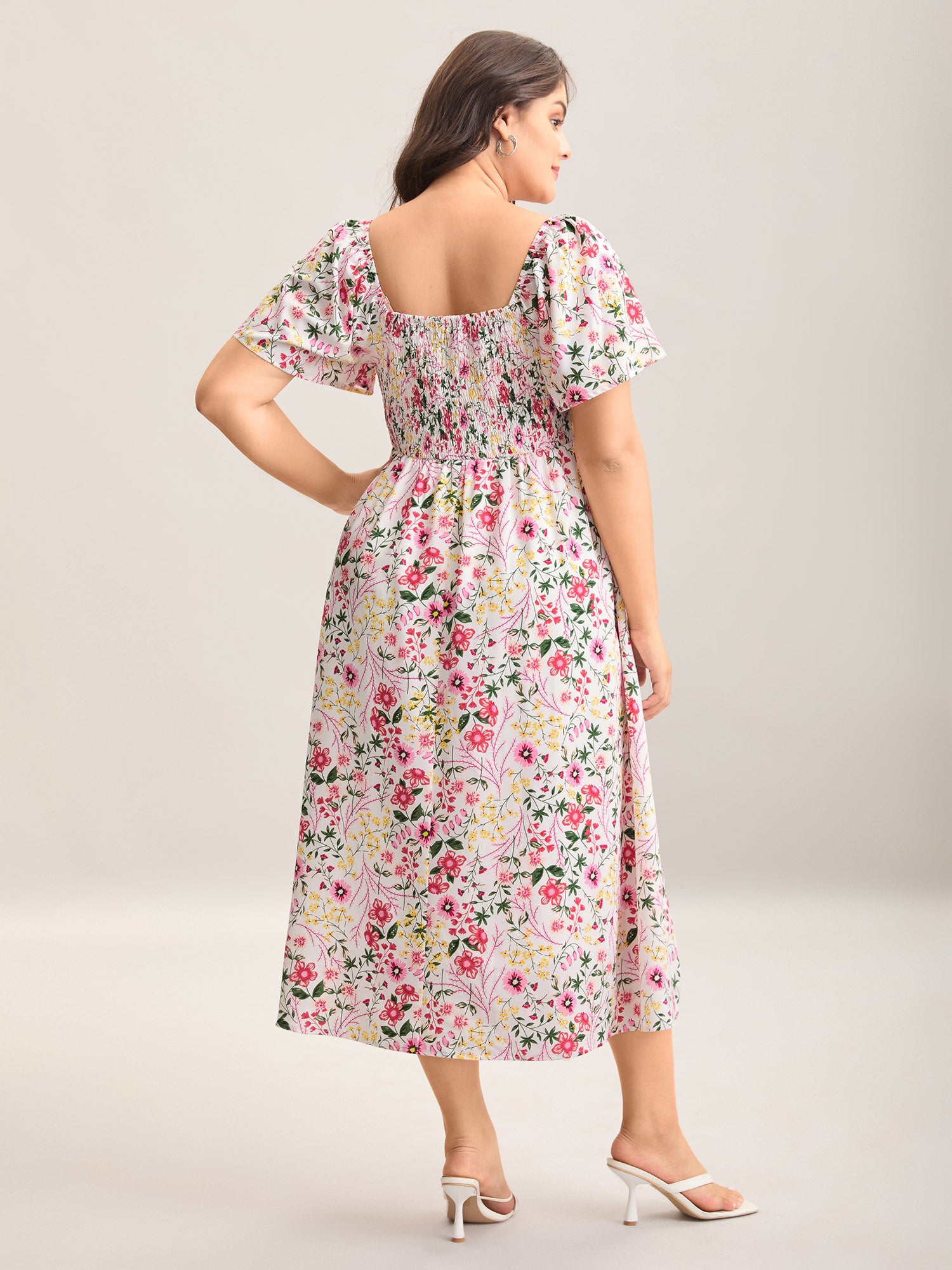 Floral Shirred Square Neck Pocket Midi Dress