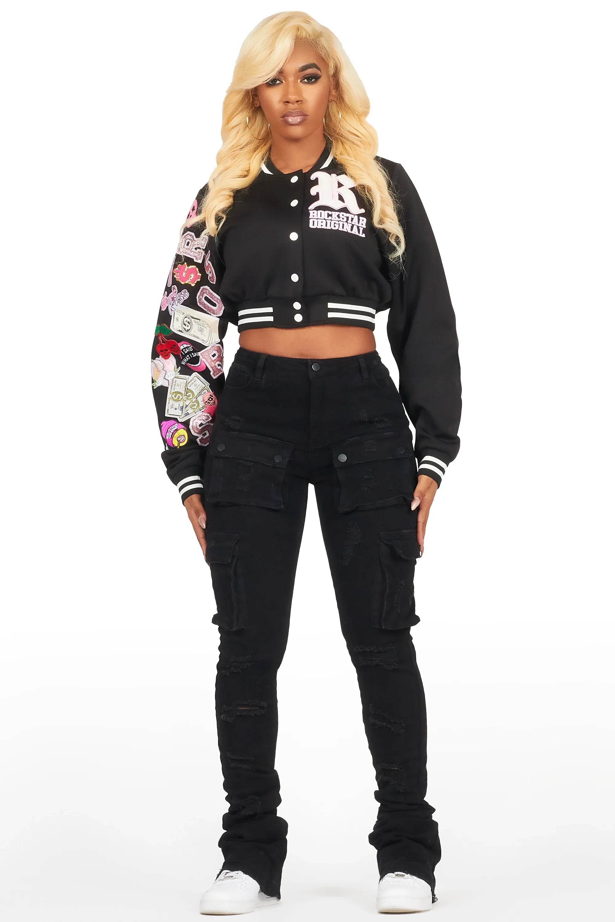 Jakaira Black Crop Varsity Jacket