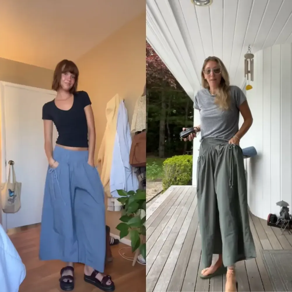 Women's Loose Wide Leg Track Pants Boho Sport Style Drawstring Pockets Elastic Waist Capri Hiking