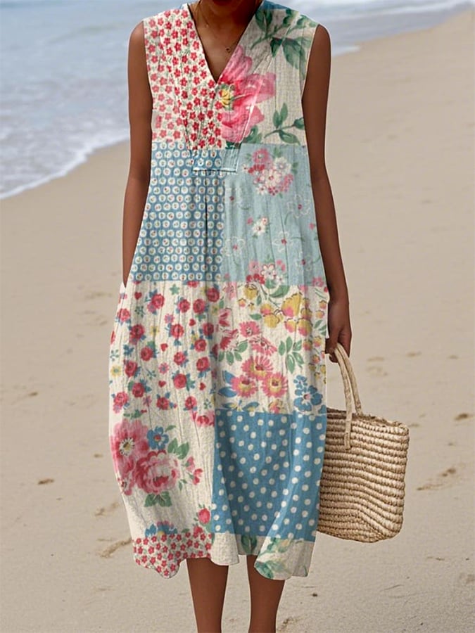 Women's Vintage Floral Print V Neck Casual Dress- Fast Shipping