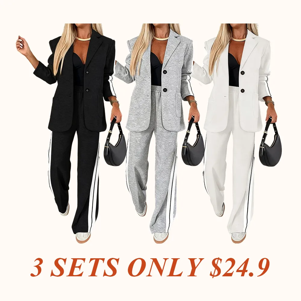 Women's Striped Print Blazer Jacket & Wide Leg Pants Set