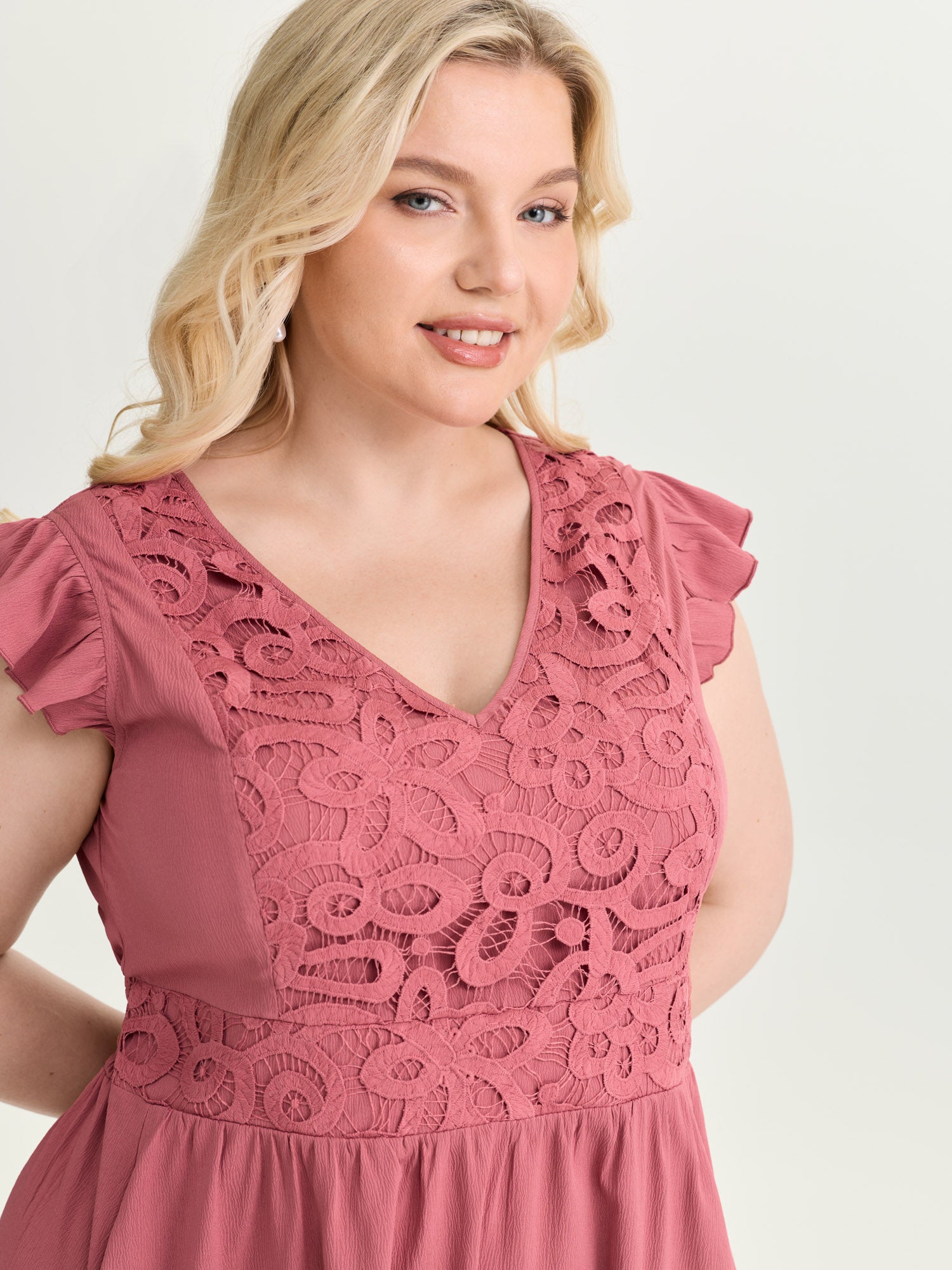 Lace Textured Bodice Flutter Sleeve Mini Dress