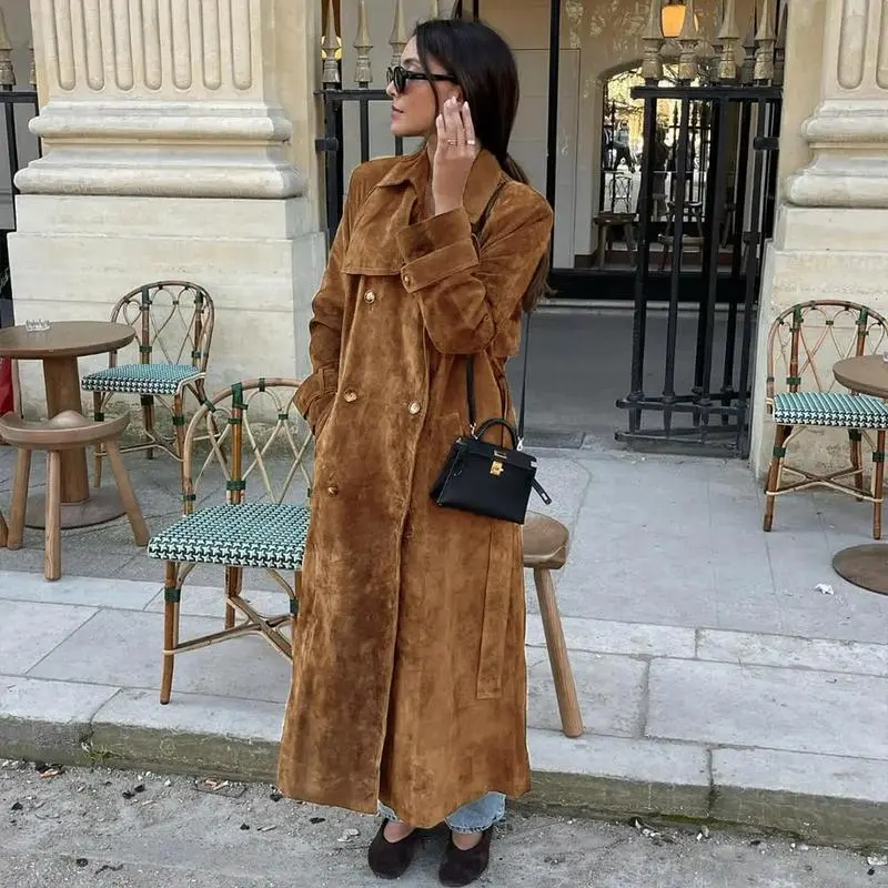 Women's faux suede long trench coat