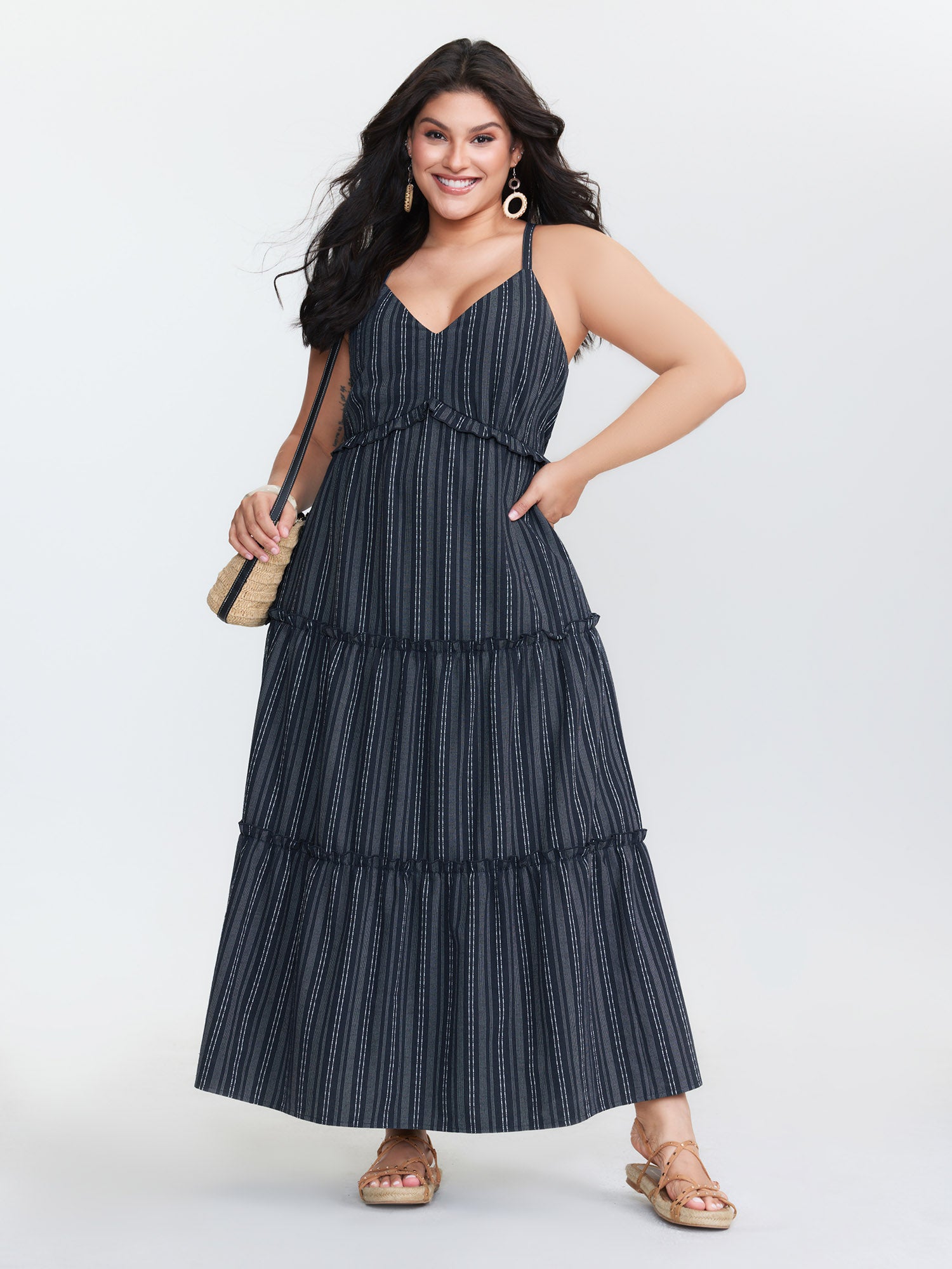 Striped Linen Blend Tiered Maxi Dress