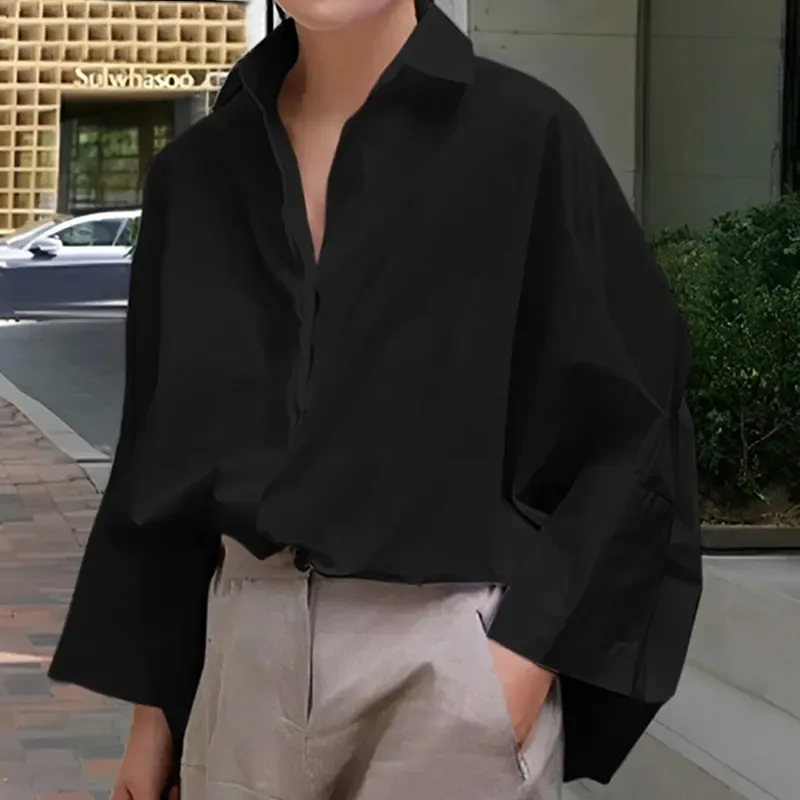 Women's Long-Sleeved Loose Solid Color Lapel Shirt