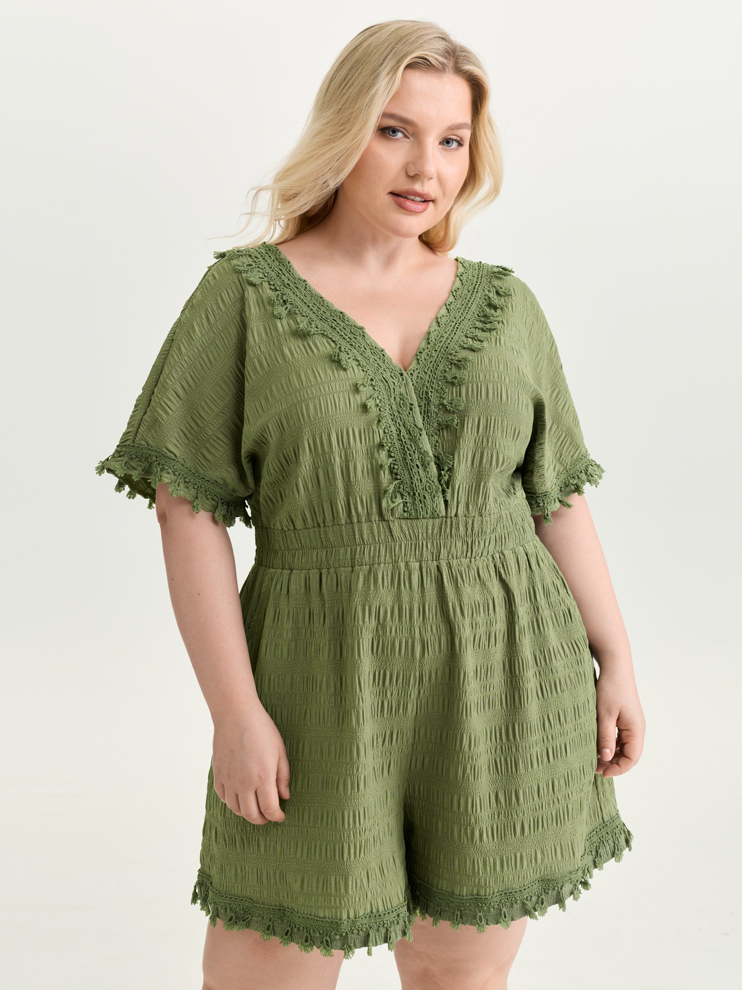 Floral Fringe Lace Neckline Romper