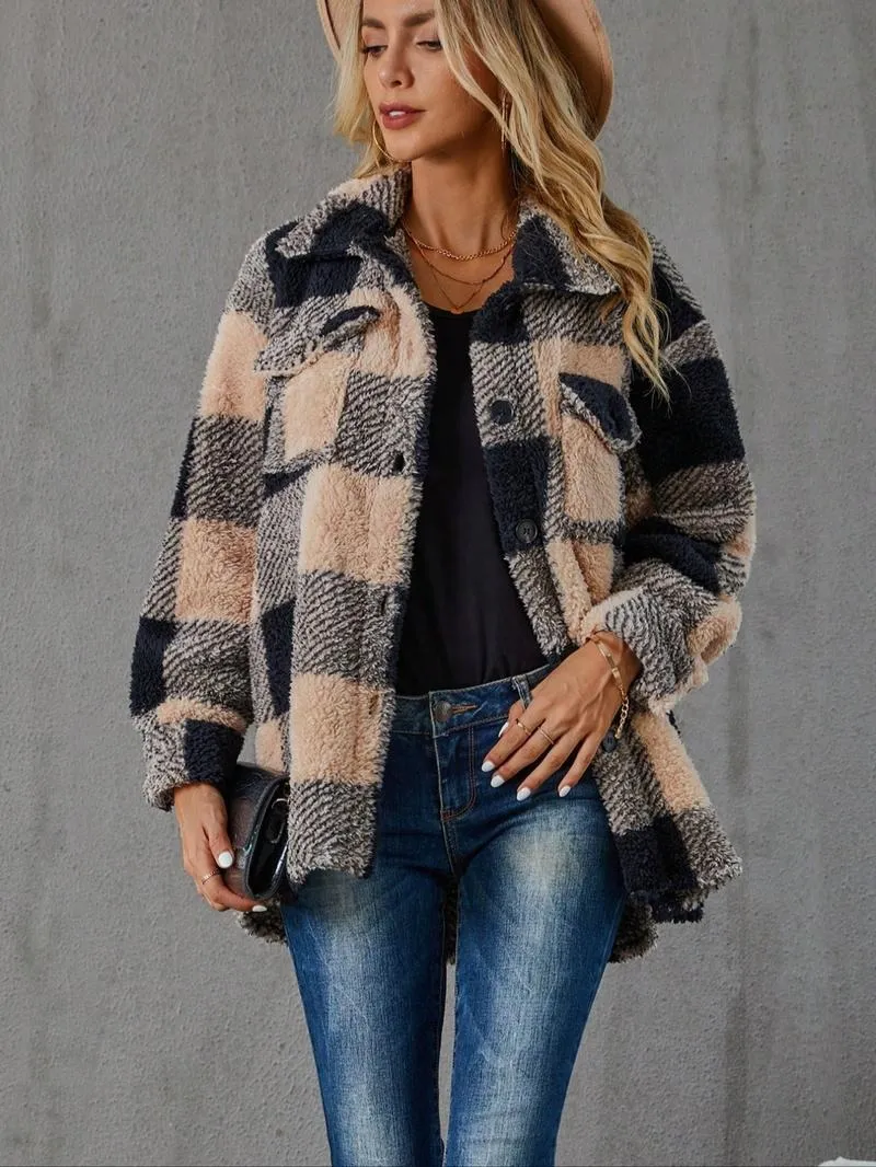 Women's Plaid Print Button Front Fuzzy Coat