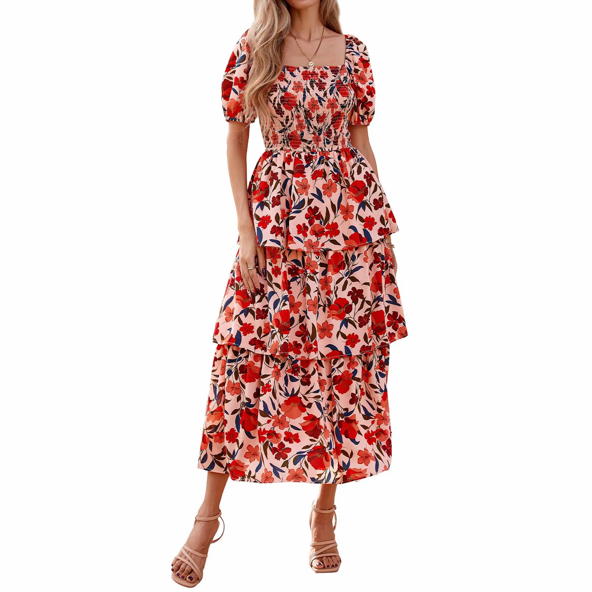 Women's Square Neck Smocked Dress with Puff Short Sleeve Floral Casual Ruffle Tiered Wedding Guest Dress
