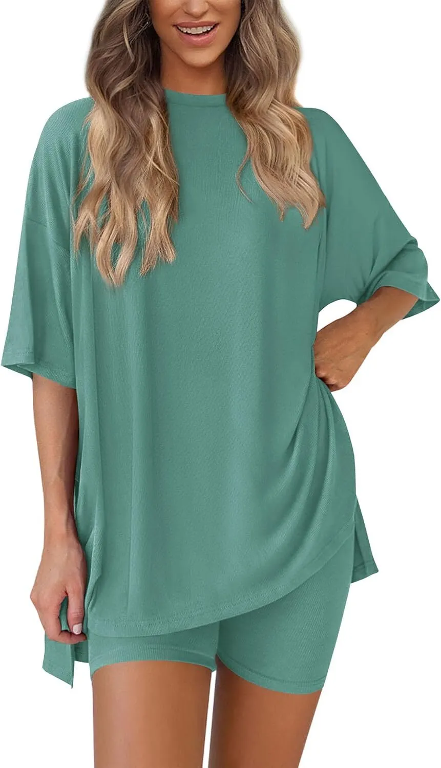 Special Sale❤️Women's Two Piece Lounge Set 2026 Summer Casual Oversized Shirts  Biker Shorts Matching Airport Travel Outfit