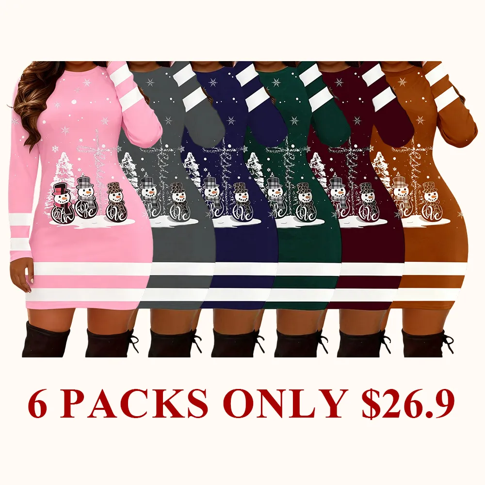 Women's Casual Christmas Print Striped Slim Fit Dress