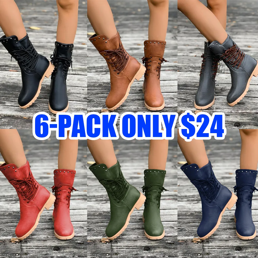 Women's Fashion Solid Color Lace-up Ankle Boots