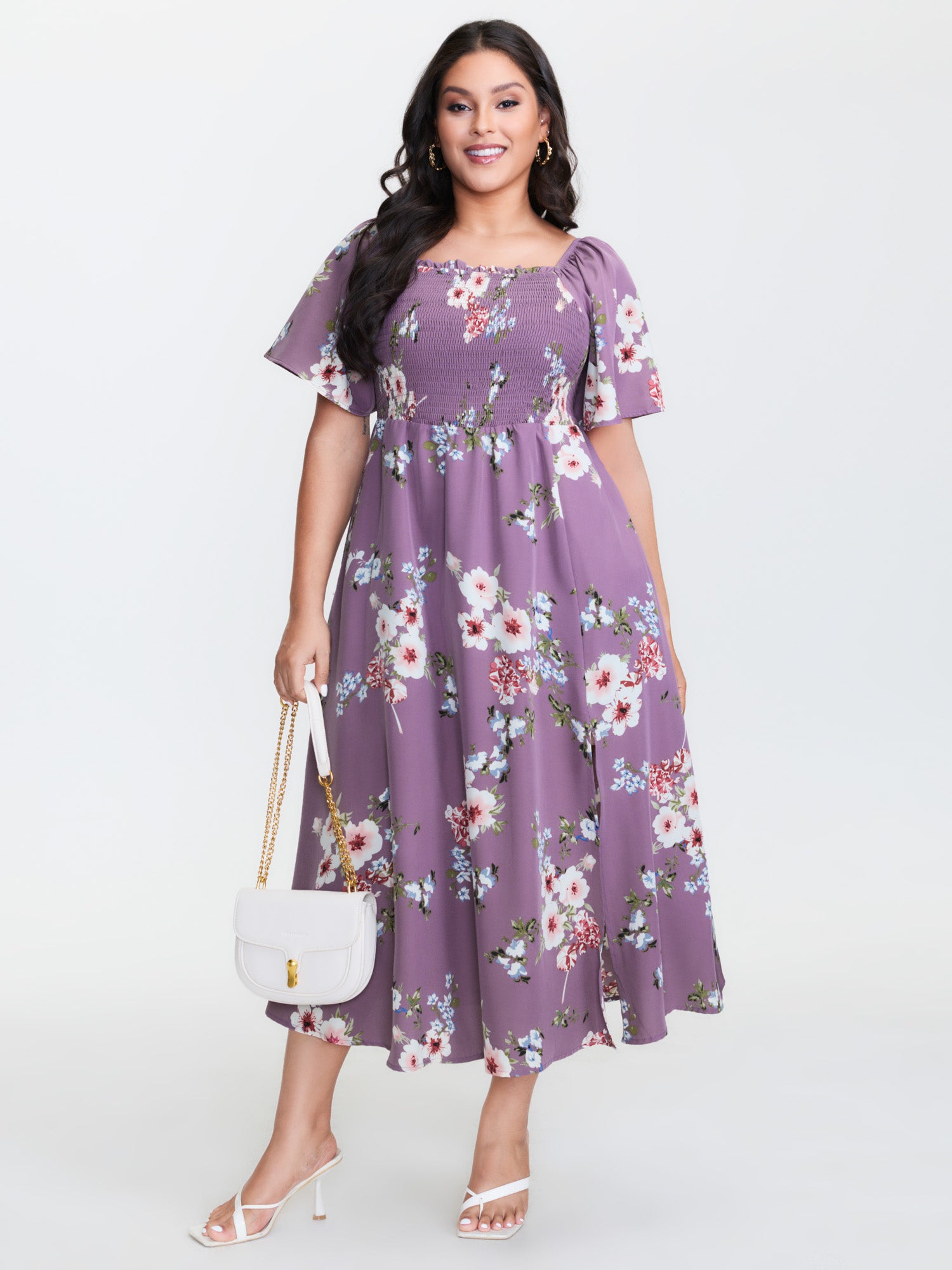 Floral Square Neck Ruffles Pocket Shirred Split Dress