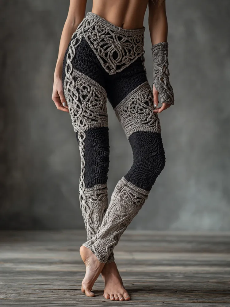Vintage Viking Celtic Knot Art Knit Jacquard Cozy Leggings