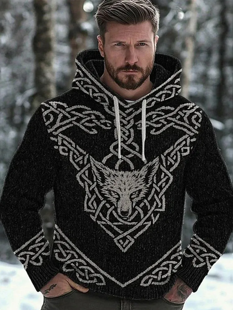 Men's Vintage Wolf Head Celtic Knot Hooded Sweater