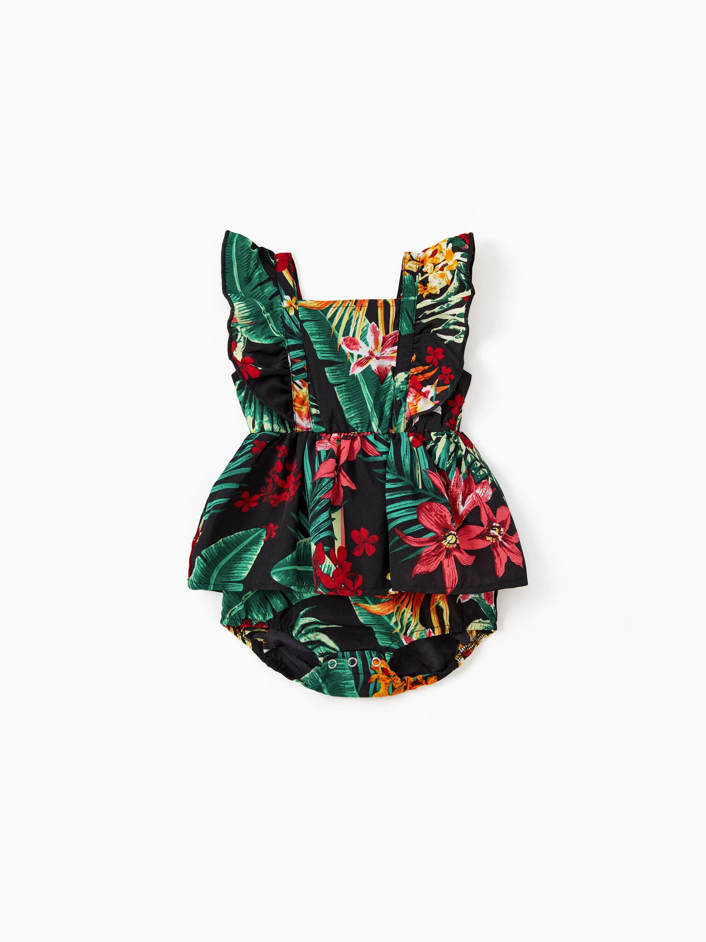 Family Matching Allover Plant Floral Print Halterneck Dresses and Short-sleeve Shirts Sets Black