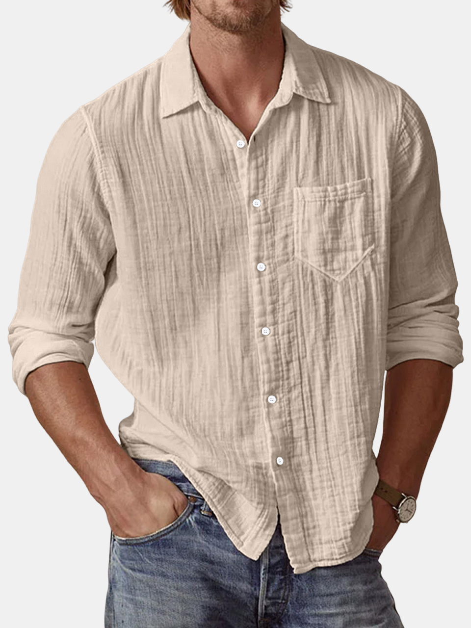 Men's Casual Textured Solid Color Comfortable Puff Wrinkle Long Sleeve Shirt