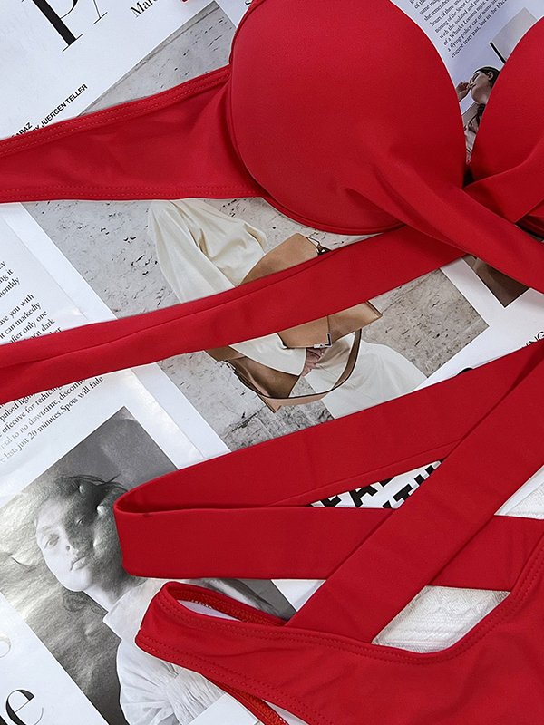 5 Colors Solid Color Bandage Halterneck Bikini Swimsuit