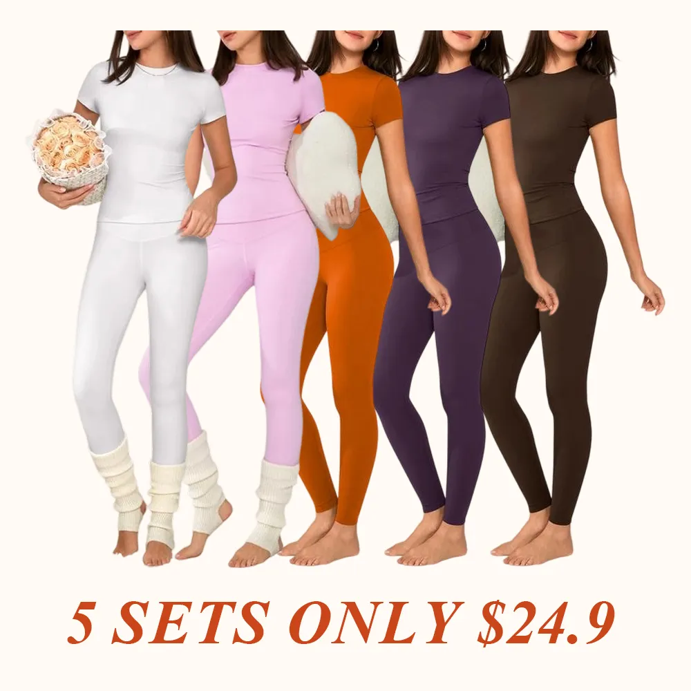 Women's Solid Short Sleeve Tee & Leggings Loungewear, Casual Comfy Round Neck Top & Skinny Pants PJ Set