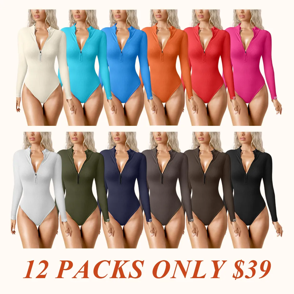 Women's 2 Piece Bodysuits Sexy Ribbed One Piece Zip Front Long Sleeve Tops Bodysuits
