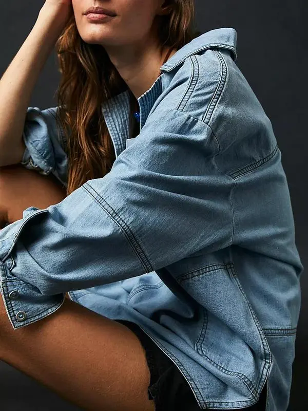 Women's Denim Pullover Casual Loose Fit V Neck Blouse