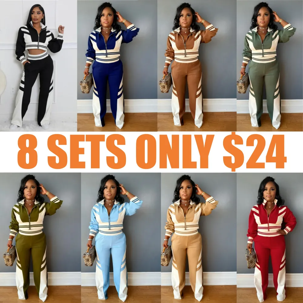 Women's Colorblock Print Zip Up Long Sleeve Crop Jacket & Pants Two-piece Set