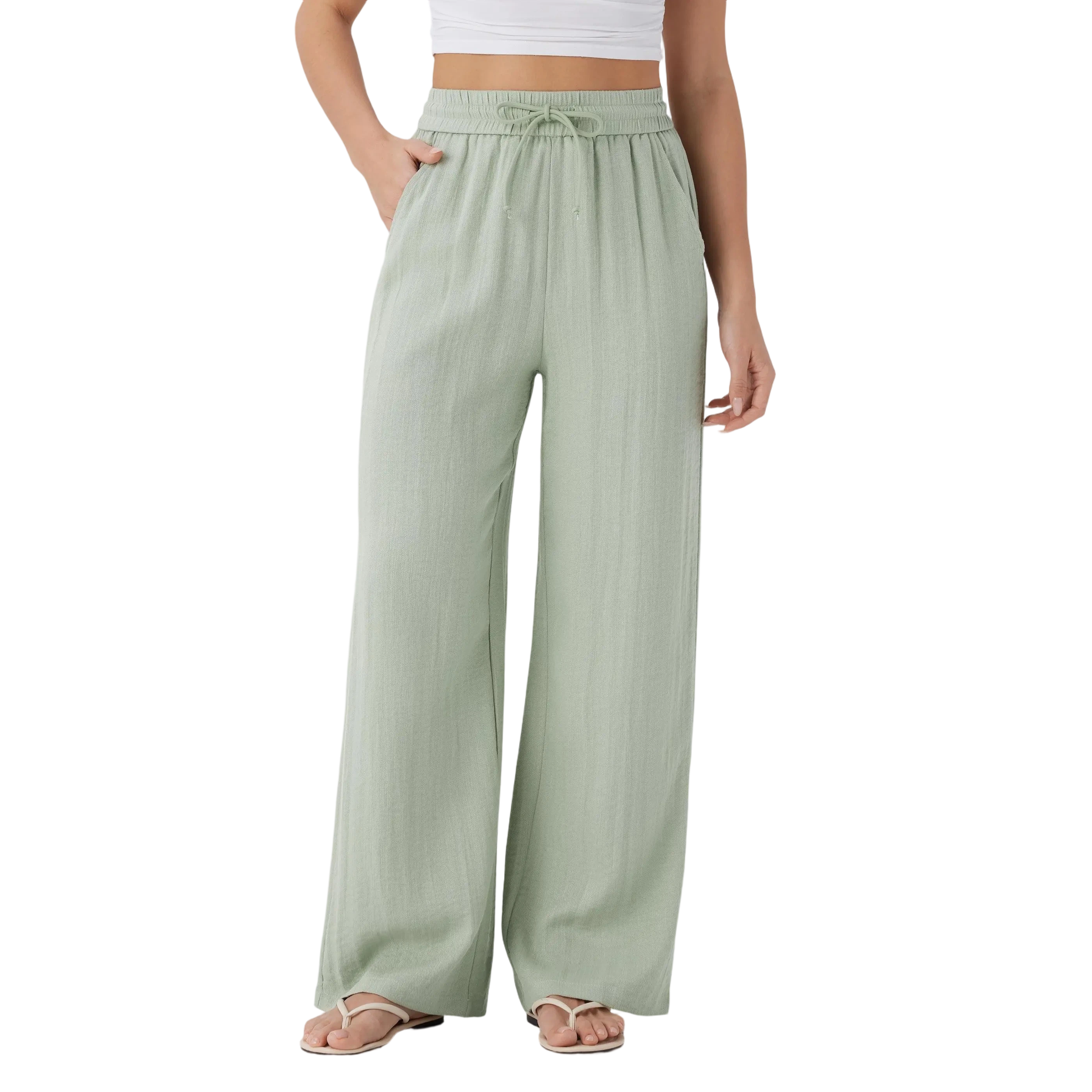Women's High Waisted Drawstring Pocket Wide Leg Casual Linen-Feel Pants