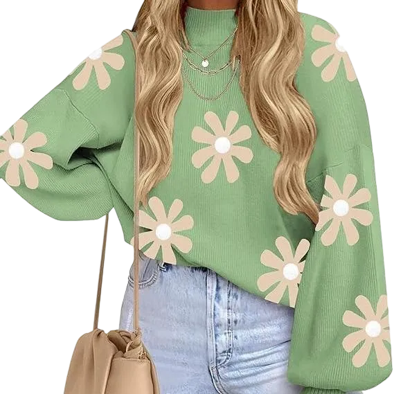 Women's high-neck long-sleeved loose lantern knit sweater