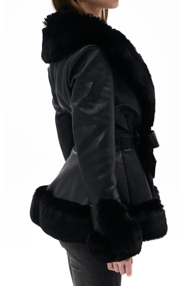 Clearance Sale*KENZY FUR TRIM PEPLUM MOTO IN BLACK BROWN