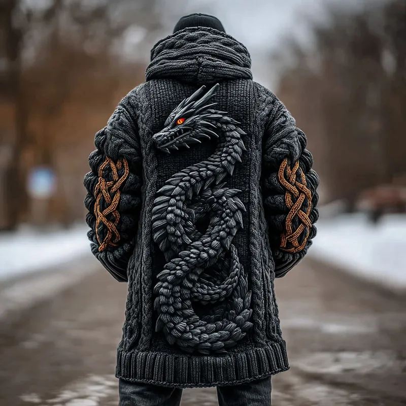 Men's Viking Celtic Dragon Knit Long Cardigan Sweater