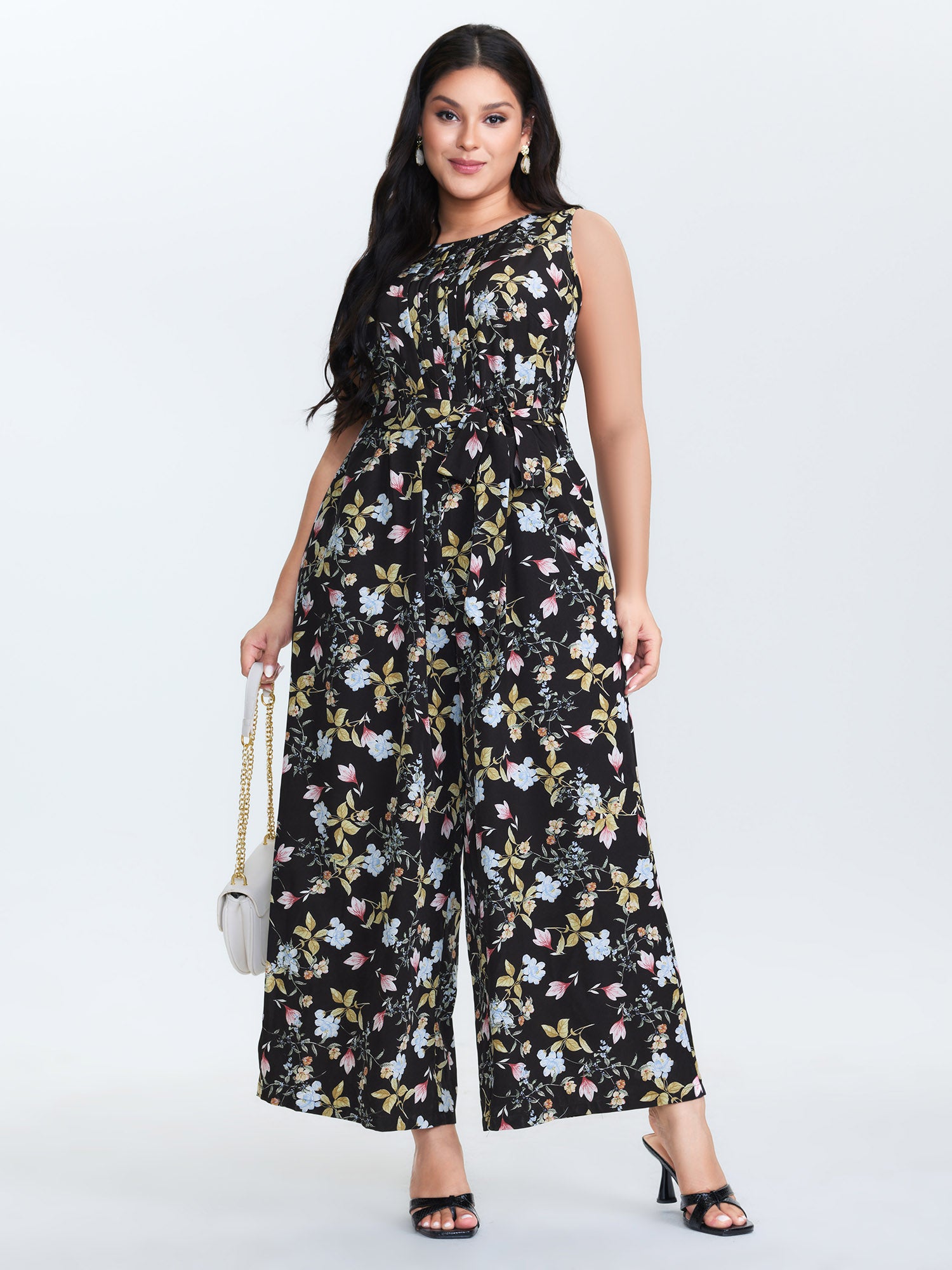 Floral Print Belted Plicated Detail Jumpsuit