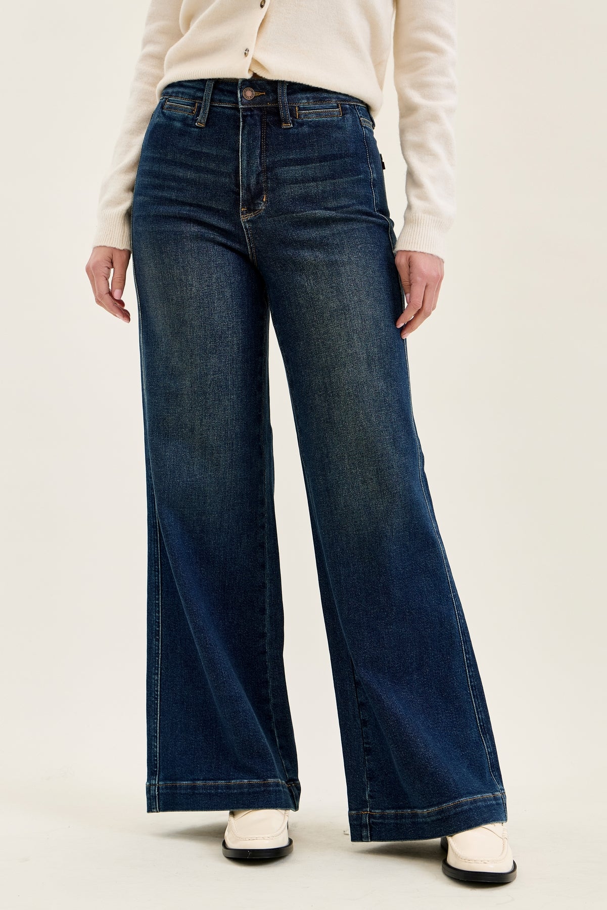 Lux Vintage Brushed Blue Wide Leg with Welt Pockets