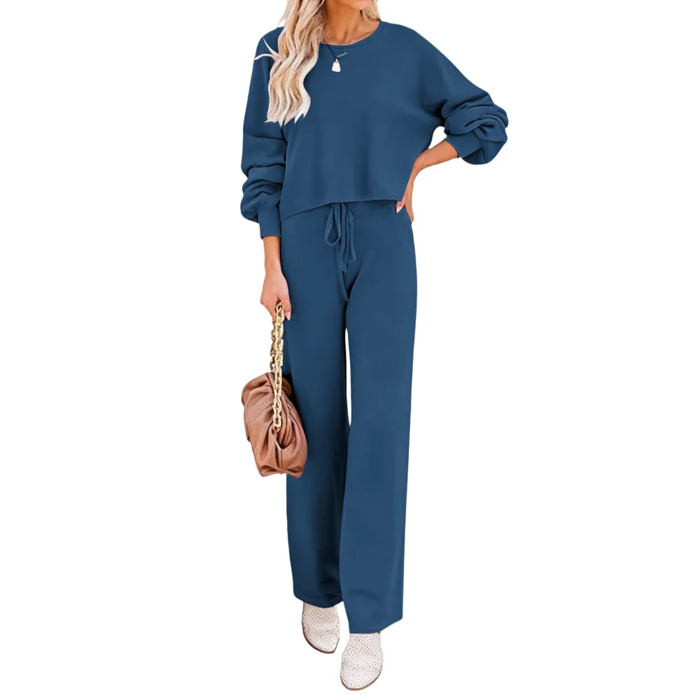 Womens Fall Winter Casual Solid Knitted 2 Piece Sets Long Sleeve Hoodie