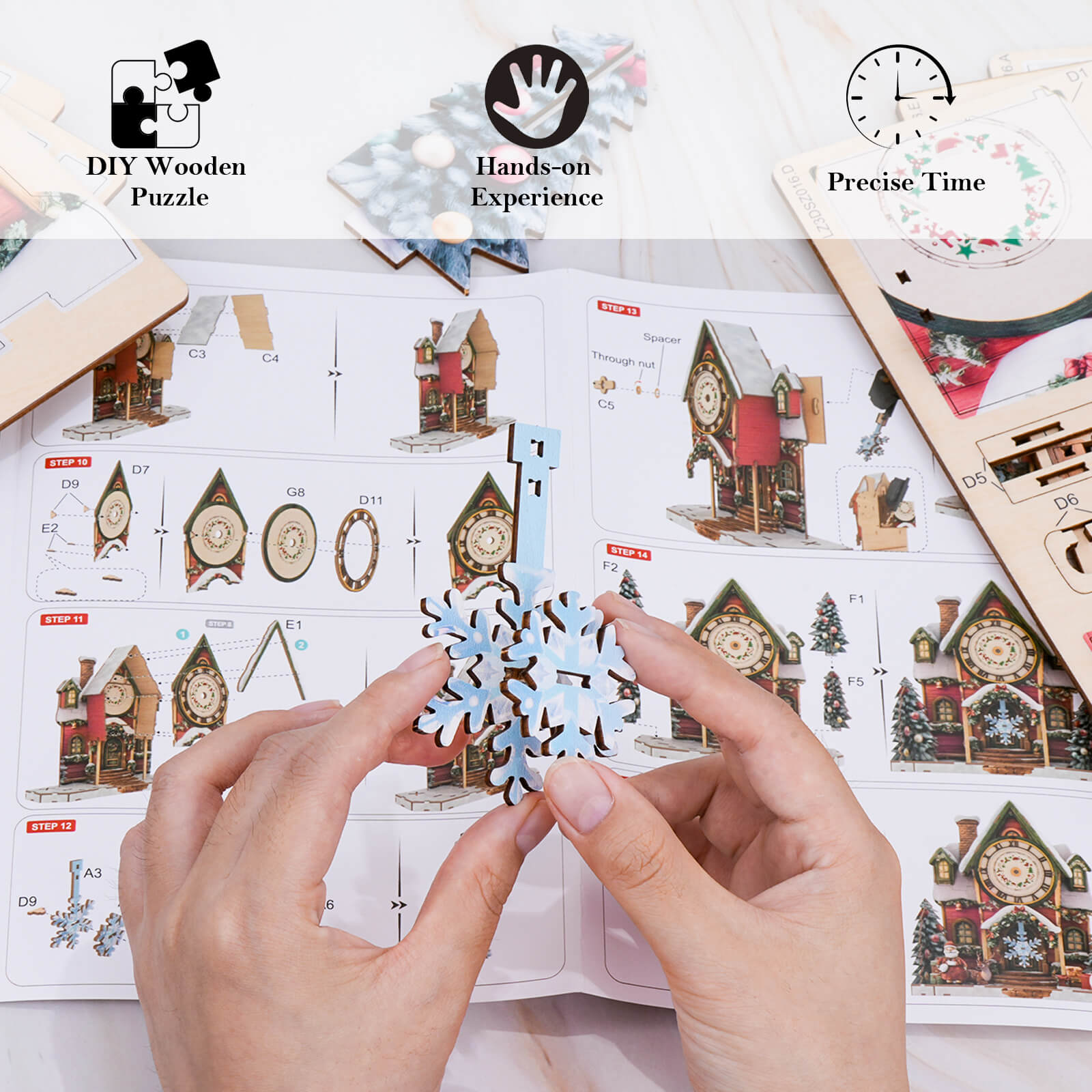 Christmas House– DIY Wooden Clock, 3D Puzzle Craft Kit