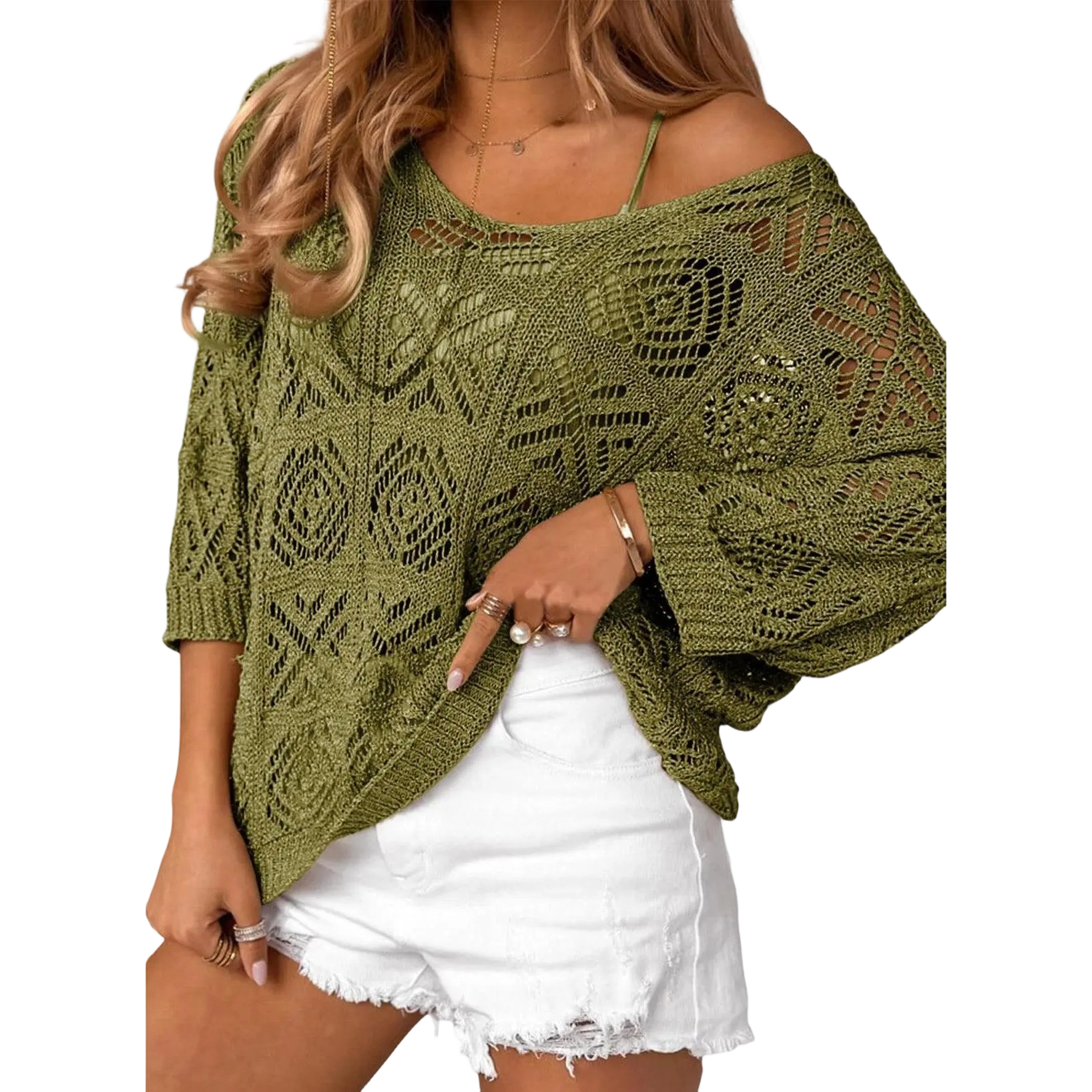 ✨ Women’s Crochet Hollow-Out Off-Shoulder Top – Lightweight 3/4 Sleeve Summer Sweater
