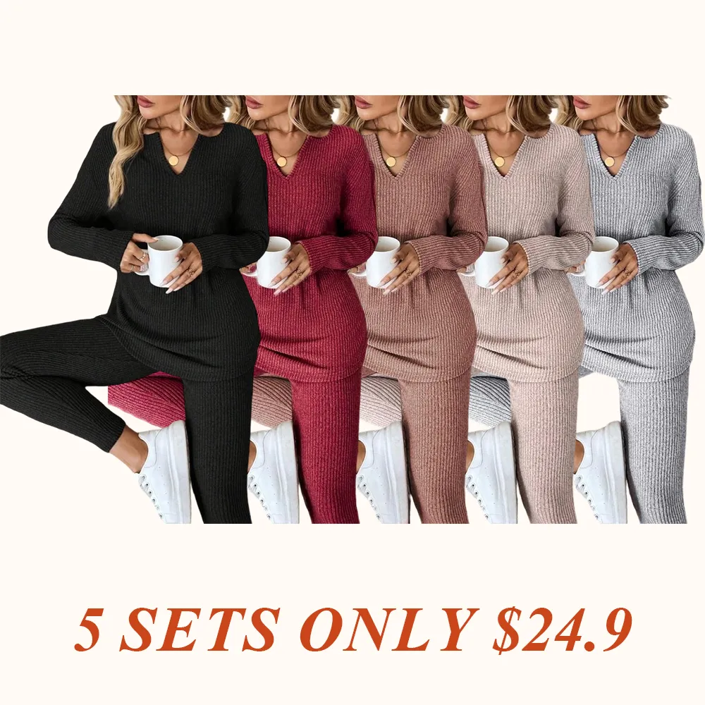 Women's Casual Plush Rib-Knit Long Sleeve T-Shirt And Leggings Suit