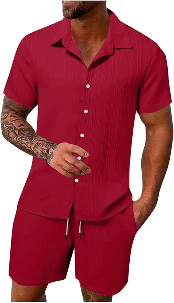 Men'S Solid Textured Short Sleeve Button Front Shirt & Pocket Drawstring Waist Shorts Two-Piece Set, Casual Summer Outfits Clothes Set For Men, Sets For Men Clothing, Menswear,  Summer Outfits Set