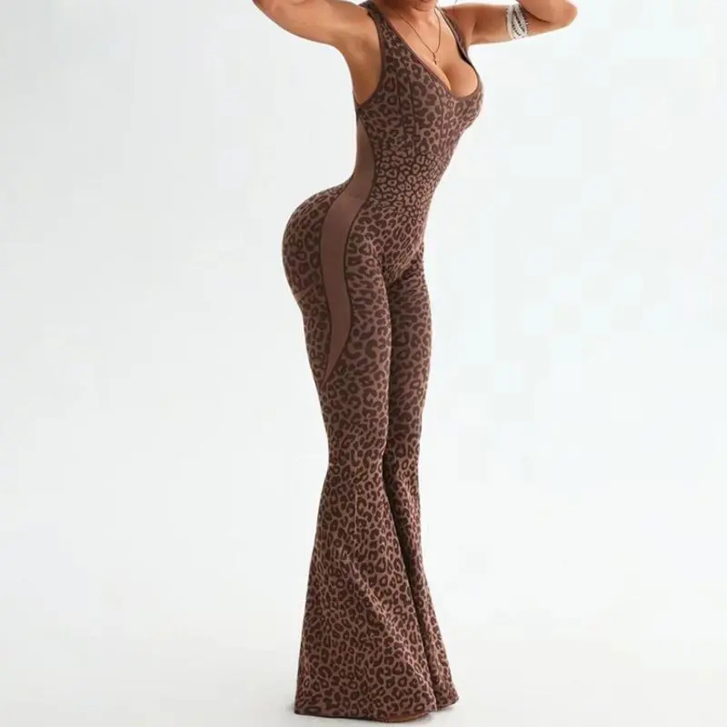 Women's Leopard Print Flared Workout Bodysuit