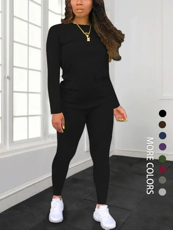 Women's Minimalist Chic Solid Long Sleeve Tee & Elastic Waist Pants Set