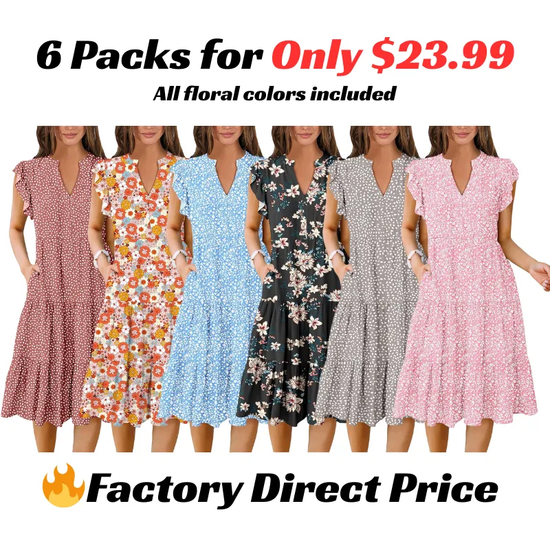 Women's Ruffle Sleeve V-Neck Tiered Midi Dress