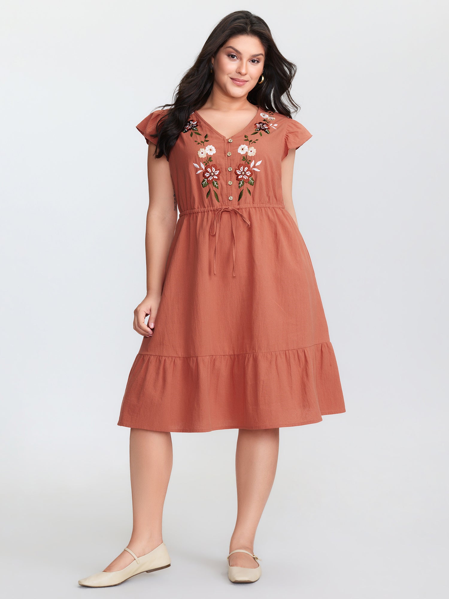 Cotton Floral Embroidery Tiered Mini Dress
