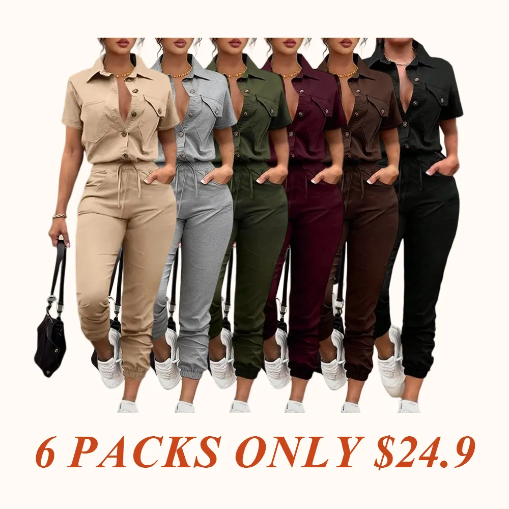 Women's Solid Button Front Pocket Jumpsuit, Casual Short Sleeve Jumpsuit for Daily Wear