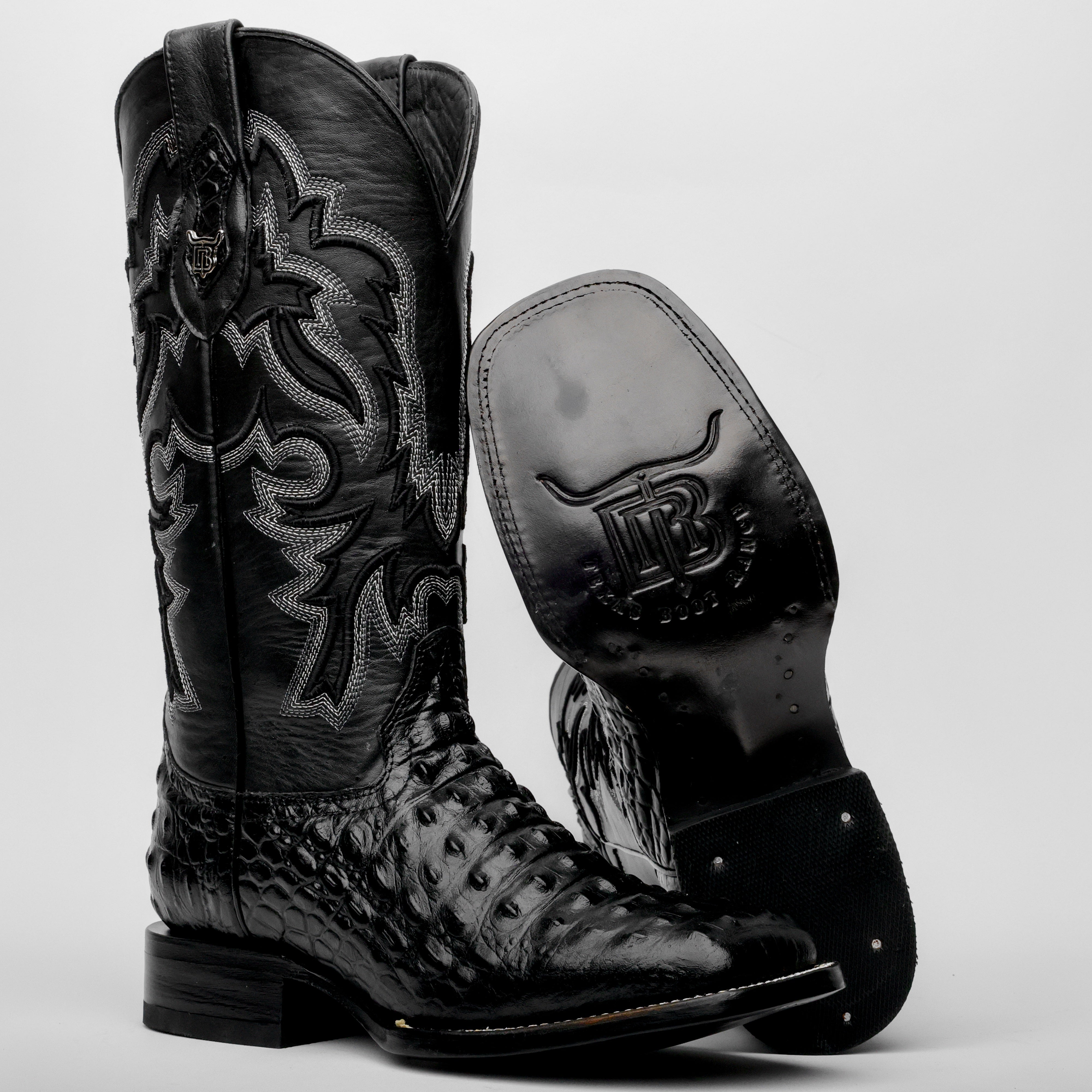 Black Caiman Hornback Leather Boots - Square Toe