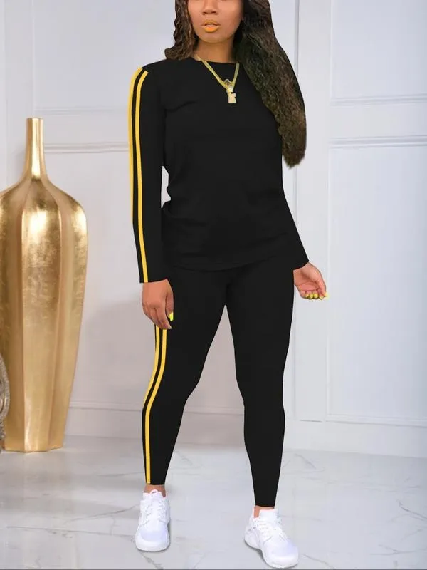 Women's Striped Print Long Sleeve Top & Pants Two-piece Set