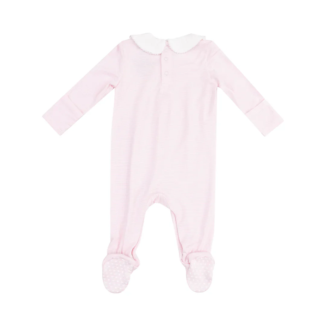 SMOCKED PETER PAN FOOTIE - STRIPE CLASSIC PINK