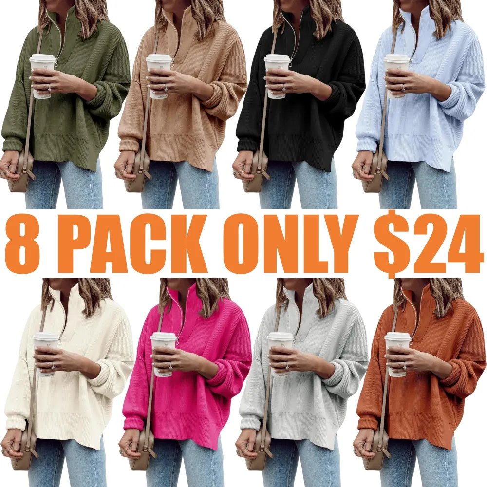 Women's Long Sleeve 14 Zip Oversized Ribbed Knit Tunic Sweater