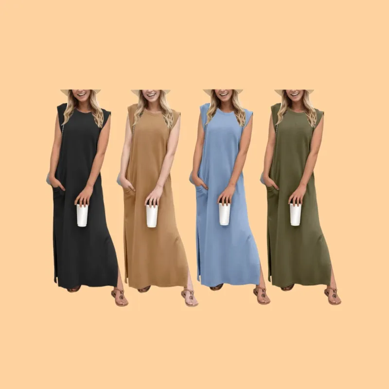 Women Loose Split Wrinkle-Free Long Dress with Pockets